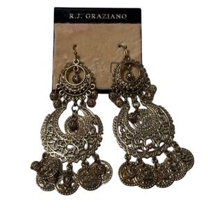 NWT Signed Vintage RJ Graziano Chandelier Antique Gold Tone Earrings